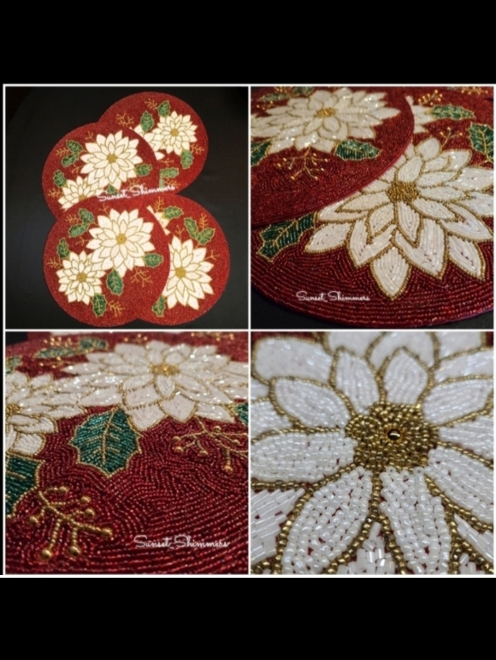 4 Nicole Miller Beaded Charger Placemat Set 15" POINSETTIA Holiday Christmas NEW